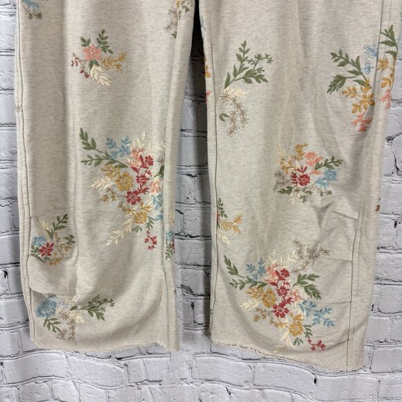 Driftwood Jeans French Terry Floral Embroidered Gathered Pants Tan Boho M - Picture 7 of 14